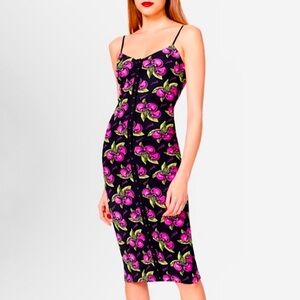 NEW Betsey Johnson Vintage Inspired Midi Slip Cherry Dress Black Pink Small